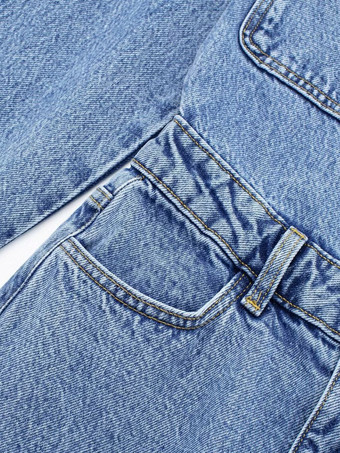 デニム ジャンプスーツ プリーツ ネック フロント ボタン ストレート ソリッド カラー 遊び着