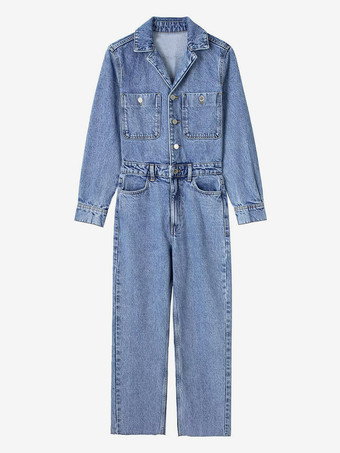 デニム ジャンプスーツ プリーツ ネック フロント ボタン ストレート ソリッド カラー 遊び着