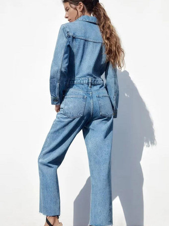 デニム ジャンプスーツ プリーツ ネック フロント ボタン ストレート ソリッド カラー 遊び着