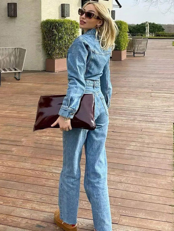 デニム ジャンプスーツ プリーツ ネック フロント ボタン ストレート ソリッド カラー 遊び着