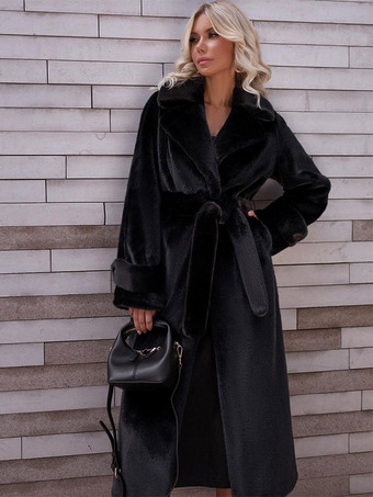 ブラック フェイクファーコート ノッチラペル オーバーサイズ 冬用ロングコート レディース 2025