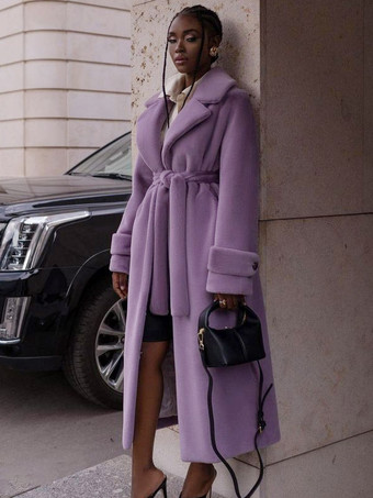 パープル フェイクファーコート ノッチラペル オーバーサイズ 冬用ロングコート レディース 2025