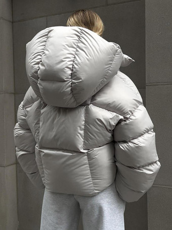 冬コート ライトグレー特大ショートボタンフード付きフロントボタン長袖カジュアル冬コートアウター