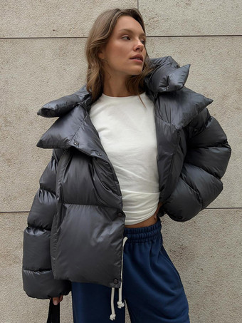 Puffer Coat Hooded Front Button Solid Color Oversized Winter Outerwear
