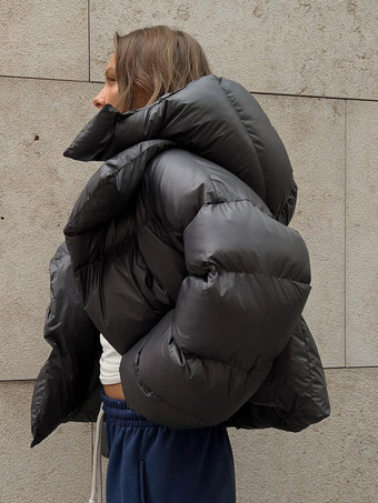 ブラック 冬コート ライトグレー特大ショートボタンフード付きフロントボタン長袖カジュアル冬コートアウター