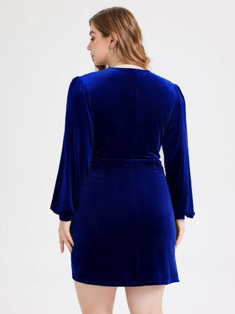 Royal Blue Velvet Dress V-Neck Lantern Sleeves Faux Wrap Plus Size Dresses  - Milanoo.com