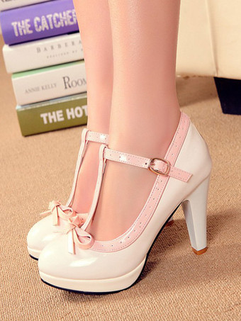 Weiße Kitten-Heel-T-Riemen-Vintage-Schuhe