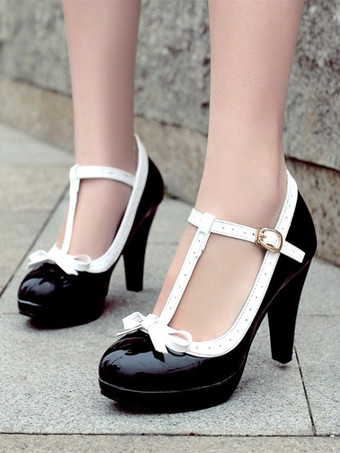 ブラック ホワイト キトゥン ヒール T ストラップ ヴィンテージ シューズ