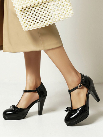 ブラック 女性ラウンドトゥチャンキーヒール 1950 年代ヴィンテージシューズ、リボン付き