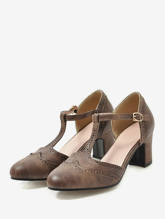Coffee BrownWhite Vintage Shoes Chunky Heek T Strap Pumps