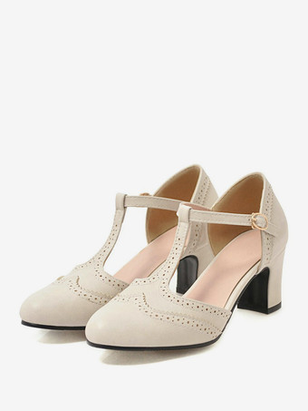 White White Vintage Shoes Chunky Heek T Strap Pumps
