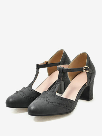 Black White Vintage Shoes Chunky Heek T Strap Pumps