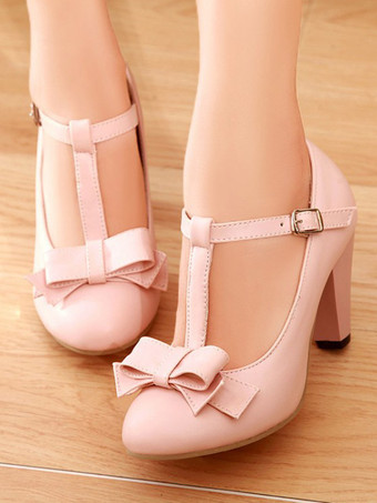 ピンク女性ラウンドトゥリボンヴィンテージシューズ