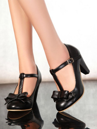 ブラック 女性ラウンドトゥリボンヴィンテージシューズ