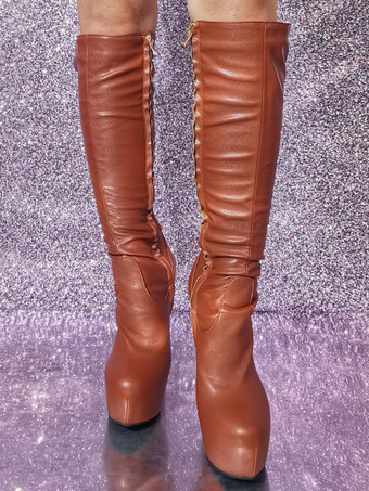 ブラウン プラットフォーム スティレット ヒール ニーハイ ブーツ