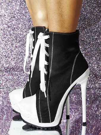 レディース キャンバス ラウンドトゥ スティレットヒール アンクルブーツ