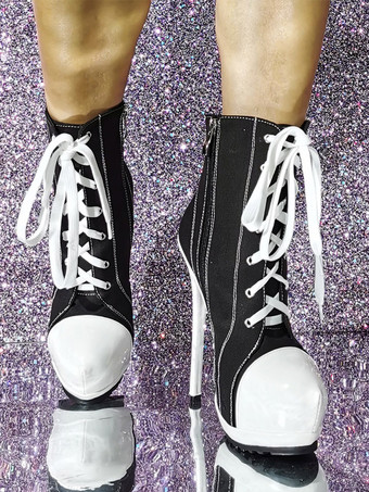 レディース キャンバス ラウンドトゥ スティレットヒール アンクルブーツ