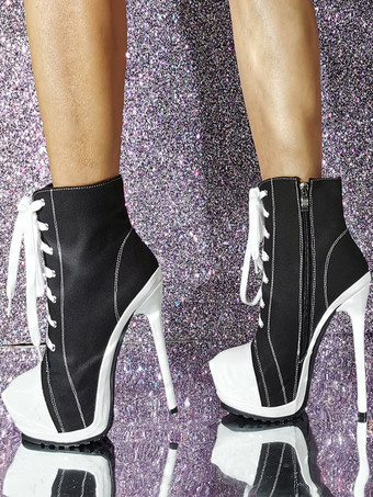 レディース キャンバス ラウンドトゥ スティレットヒール アンクルブーツ