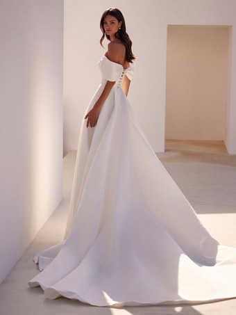 ヴィンテージウェディングドレスコートトレインオフショルダーノースリーブサテン生地ブライダルドレス