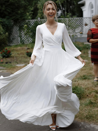 シンプルなウェディングドレス Aライン Vネック 長袖 サッシュブライダルガウン