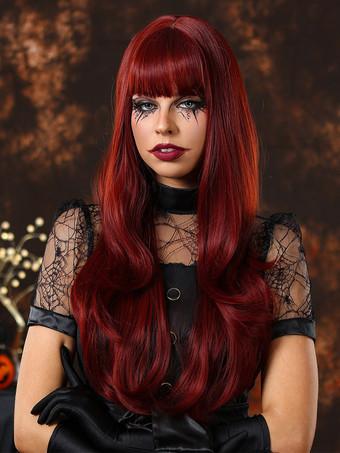 Maroon Wig Long Curly With Blunt Fringe Masquerade Halloween Wigs