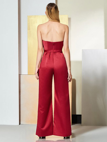 イブニングドレス ジャンプスーツ 恋人ネック サテン生地 マキシレングス プリーツ フォーマルパーティードレス