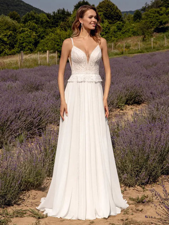 Lace Wedding Dress V-Neck Sleeveless Sweep Lace Bridal Gowns