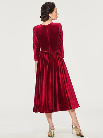 マザードレス ジュエルネック 七分袖 Aライン サッシュ ティーレングス 結婚式のゲストドレス