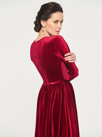 マザードレス ジュエルネック 七分袖 Aライン サッシュ ティーレングス 結婚式のゲストドレス