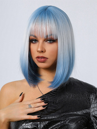 Short Blue Gradient Wig With Bangs Party Wigs For Women