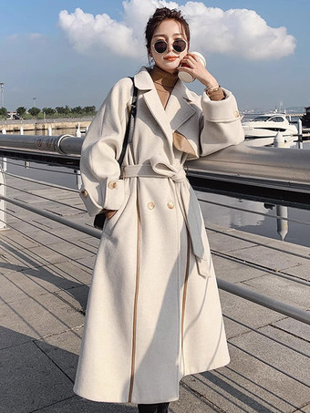女性用ラップオーバーコート エクリュホワイトラペルベルト付きクラシック冬アウター