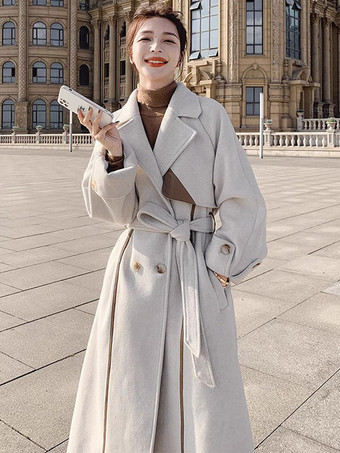 女性用ラップオーバーコート エクリュホワイトラペルベルト付きクラシック冬アウター