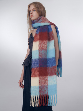 レッド カラフルなチェック スカーフ フリンジ ヴィンテージ ファッション レディース スカーフ