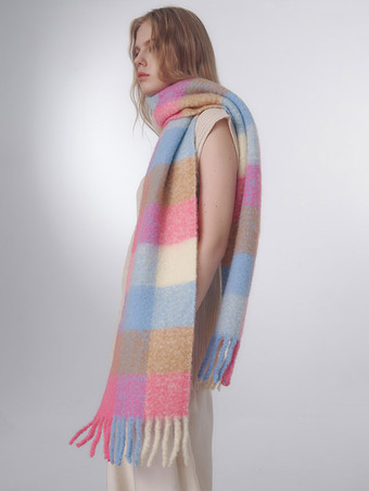 ピンクカラフルなチェック スカーフ フリンジ ヴィンテージ ファッション レディース スカーフ