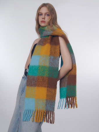 ライトスカイブルーカラフルなチェック スカーフ フリンジ ヴィンテージ ファッション レディース スカーフ