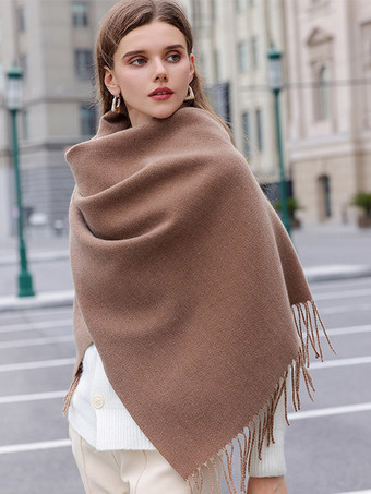 カーキ リバーシブルスカーフ無地フリンジ付きファッションシックなスカーフ