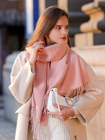ソフトピンクリバーシブルスカーフ無地フリンジ付きファッションシックなスカーフ