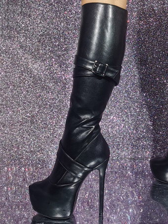 ブラック セクシー バックル ディテール ハイヒール ニー ブーツ