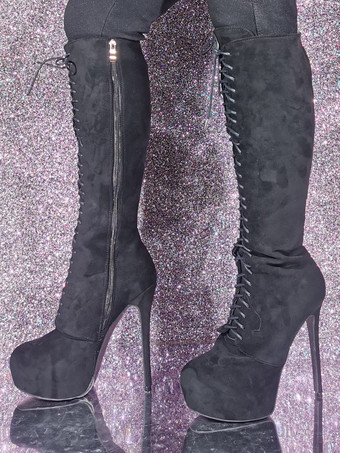 ブラック スエード ニーハイ ブーツ プラットフォーム レースアップ セクシー ブーツ