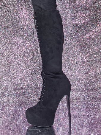 ブラック スエード ニーハイ ブーツ プラットフォーム レースアップ セクシー ブーツ