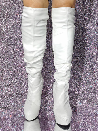 ホワイト ニーハイ ブーツ ハイヒール プラットフォーム ブーツ