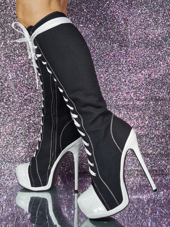 ブラック レディース キャンバス スティレットヒール ニーハイ ブーツ