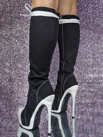 レディース キャンバス スティレットヒール ニーハイ ブーツ