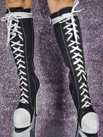 レディース キャンバス スティレットヒール ニーハイ ブーツ