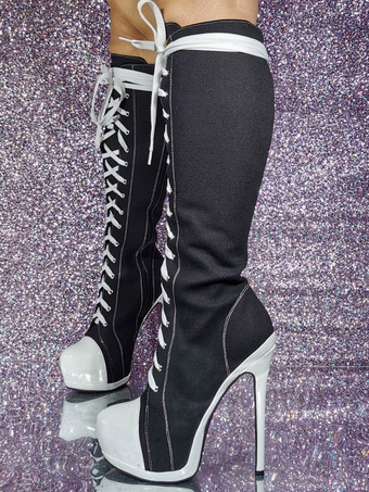 レディース キャンバス スティレットヒール ニーハイ ブーツ