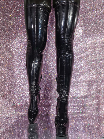 レディース オーバーザニーブーツ ラウンドトゥ スティレットヒール パテント PU アッパー