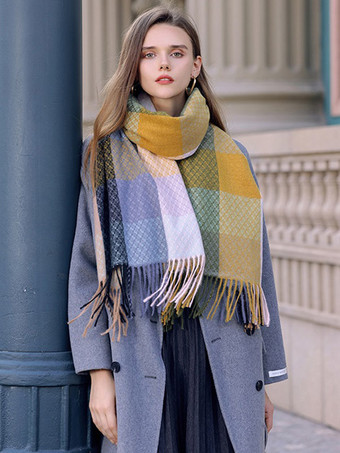 カーキ 女性のためのフリンジヴィンテージファッションスカーフとチェック柄のスカーフを印刷します。
