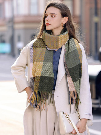 オリーブ 女性のためのフリンジヴィンテージファッションスカーフとチェック柄のスカーフを印刷します。