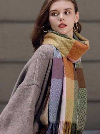 オレンジ女性のためのフリンジヴィンテージファッションスカーフとチェック柄のスカーフを印刷します。