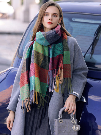 女性のためのフリンジヴィンテージファッションスカーフとチェック柄のスカーフを印刷します。